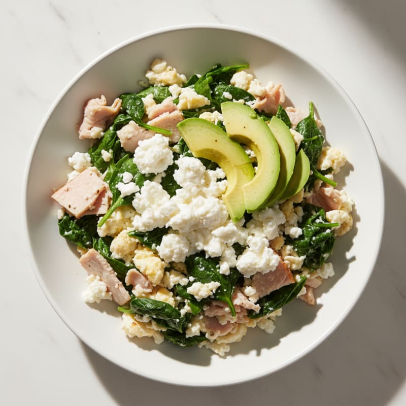 Egg White and Spinach Scramble with Cottage Cheese and Sliced Turkey