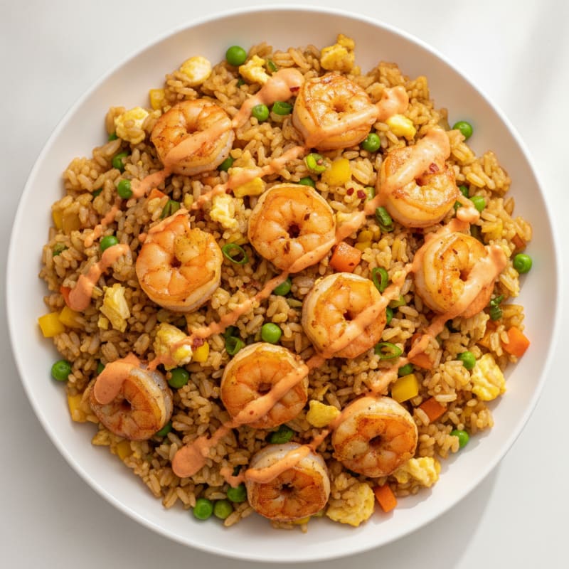 Garlic Shrimp Fried Rice with Spicy Drizzle