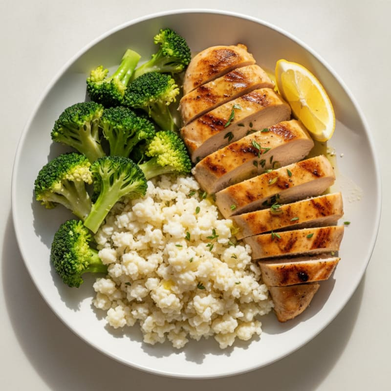 Grilled Chicken Breast with Steamed Broccoli and Cauliflower Rice