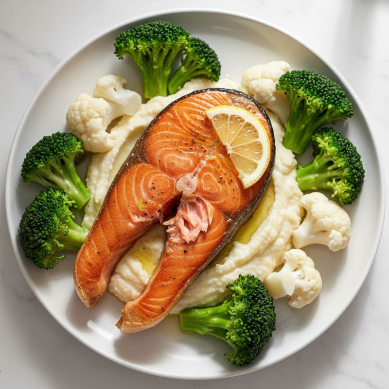 Seared Salmon with Steamed Broccoli and Cauliflower Mash