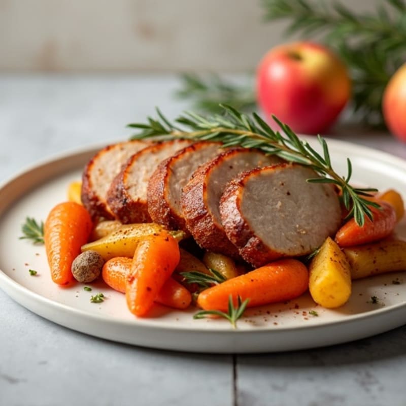 Lean Pork Tenderloin with Cinnamon-Spiced Apples and Roasted Root Vegetables