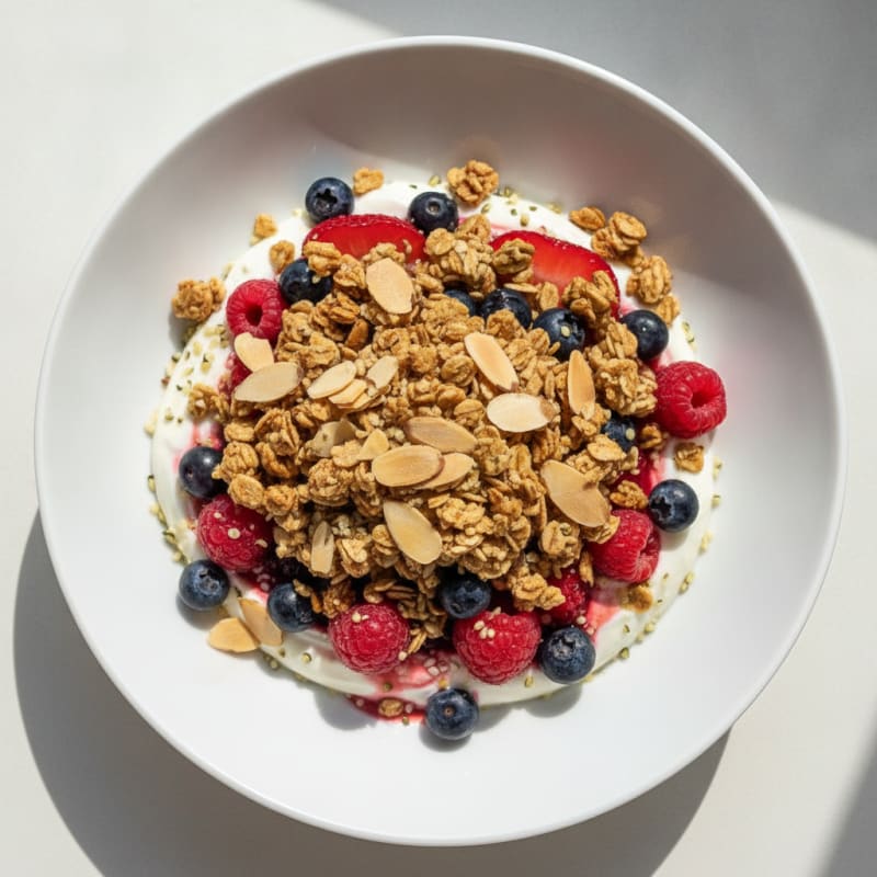 Greek Yogurt Parfait with Crunchy Almond Granola and Mixed Berries
