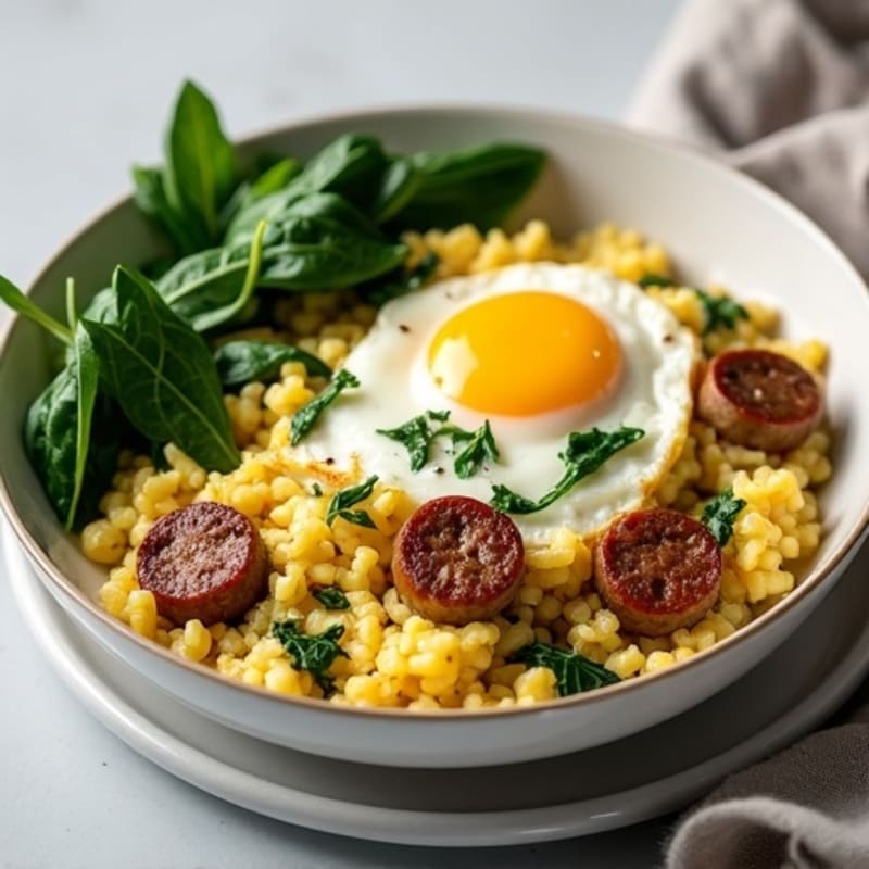 Egg White and Turkey Sausage Scramble with Sautéed Spinach