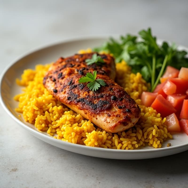 Roasted Harissa Chicken with Golden Turmeric Rice and Fresh Pico