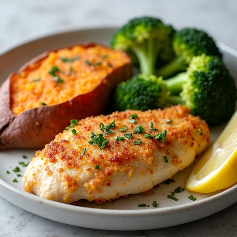 Crispy Lemon Garlic Chicken with Roasted Broccoli and Sweet Potato