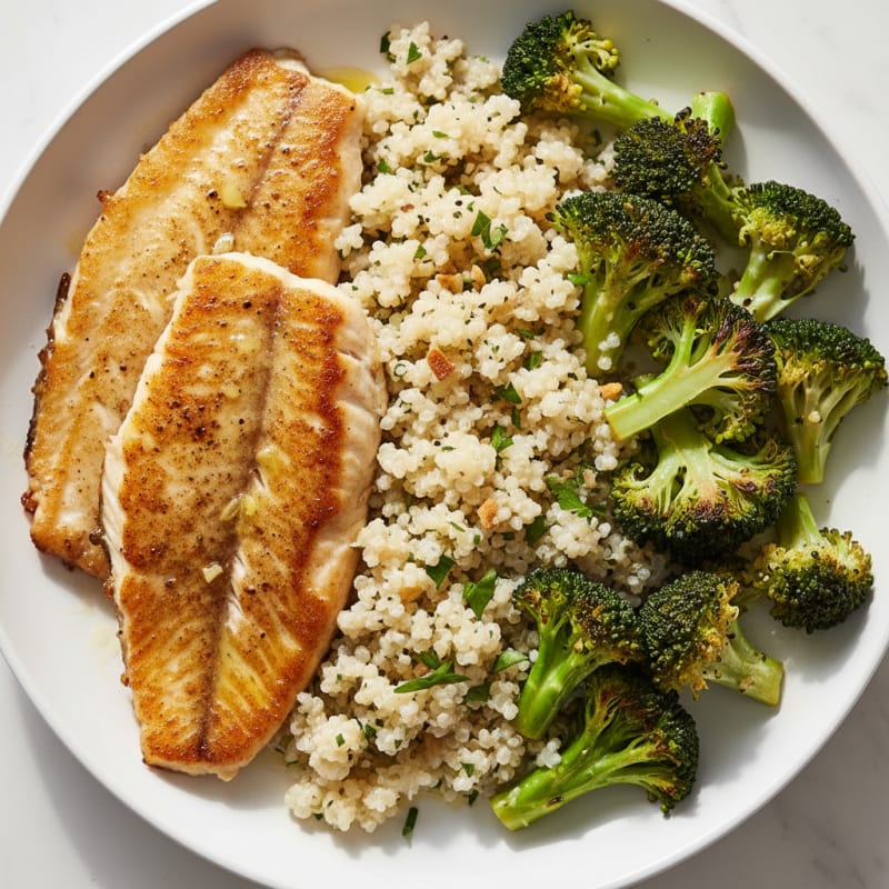 Seared Tilapia with Roasted Broccoli and Garlic Quinoa