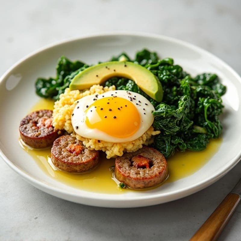 Egg White and Turkey Sausage Scramble with Sautéed Spinach