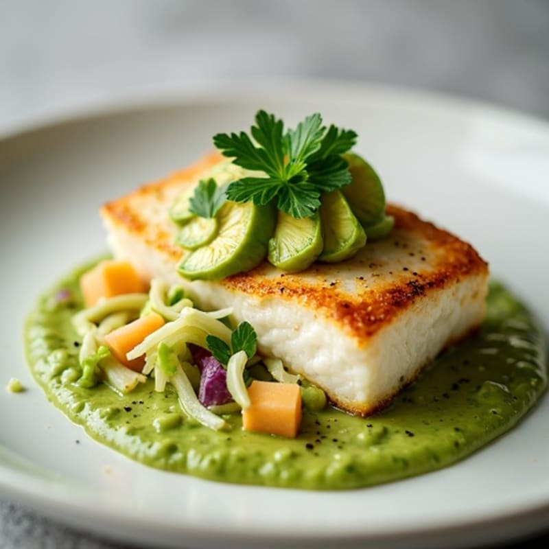 Pan-Seared Halibut with Zesty Avocado Crema and Crunchy Jicama Slaw