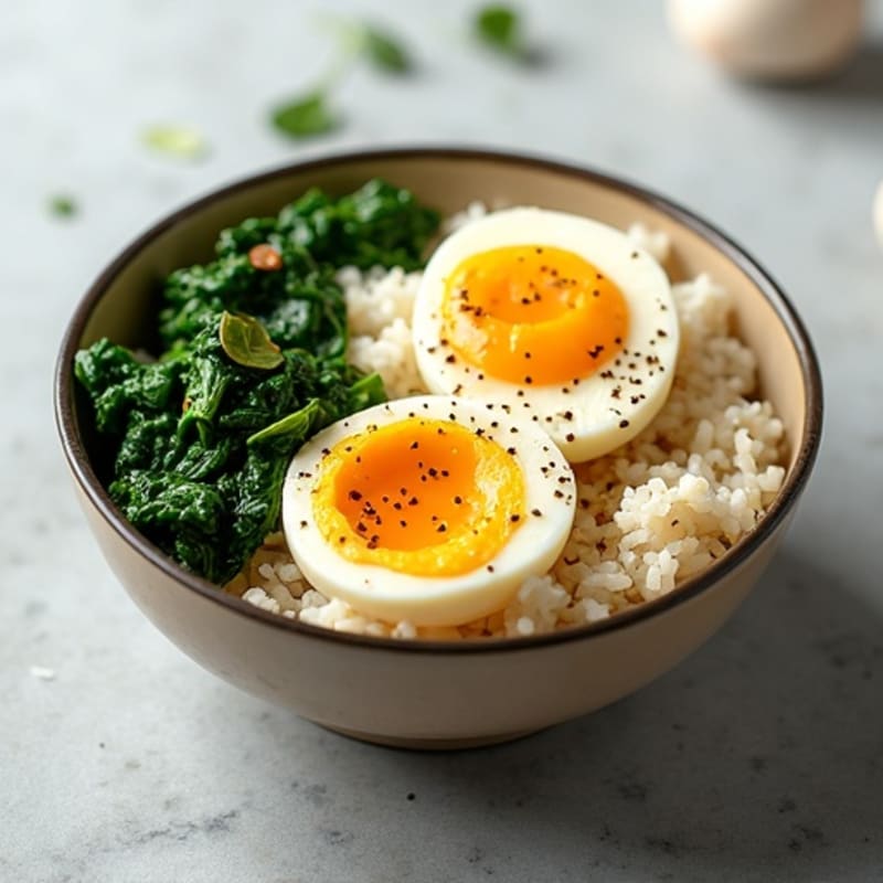 Crispy Rice Bowl with Soft-Boiled Eggs, Garlic Spinach, and Tofu
