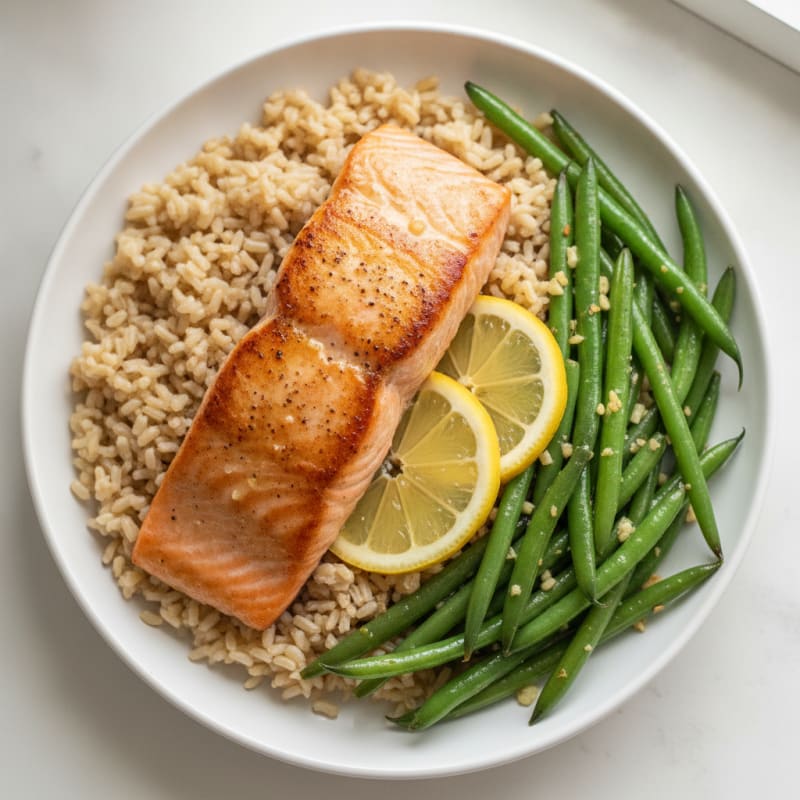 Seared Salmon with Garlic Green Beans and Brown Rice