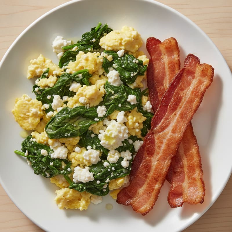 Cottage Cheese Egg Scramble with Spinach and Turkey Bacon