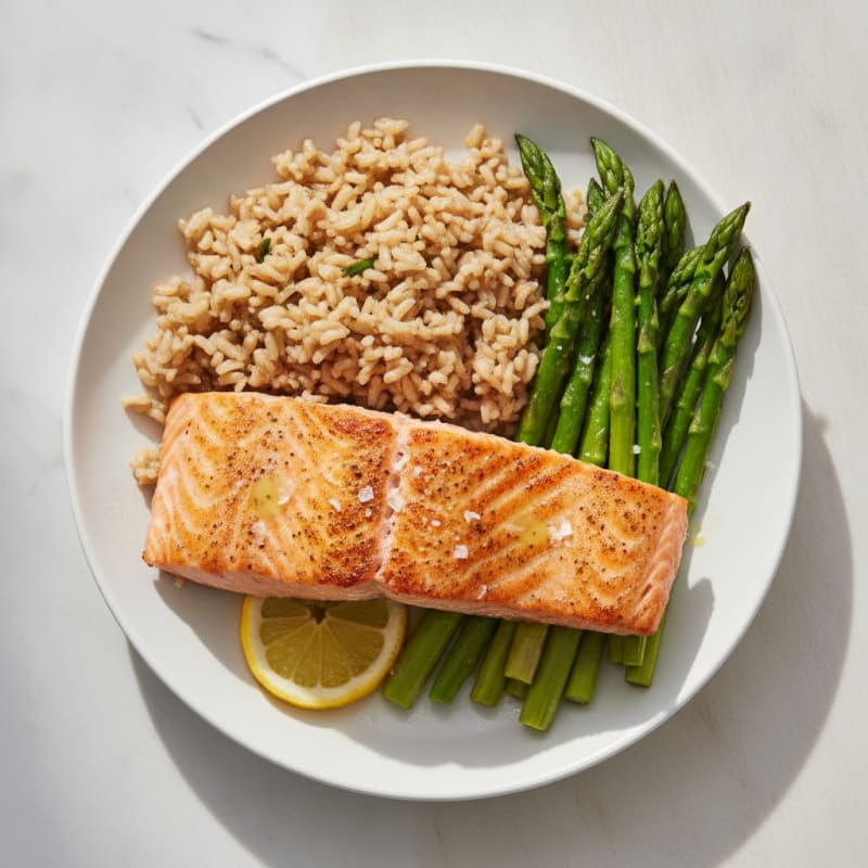 Seared Salmon with Steamed Asparagus and Brown Rice
