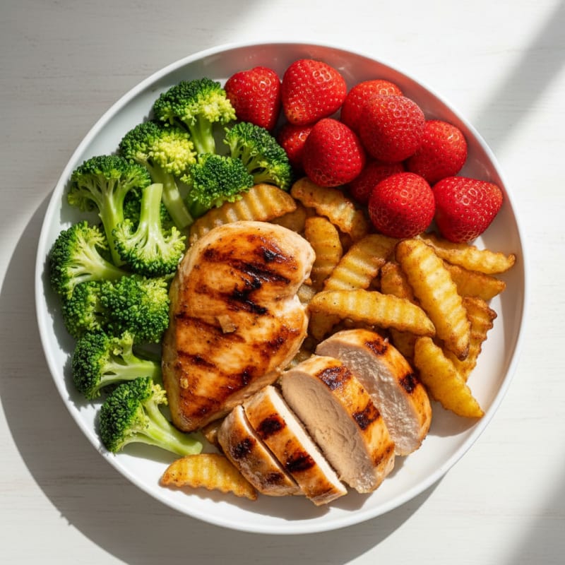 Grilled Chicken Breast with Roasted Potato Wedges and Steamed Broccoli