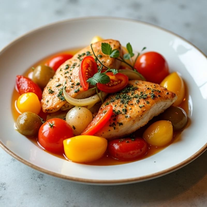 Simmered Chicken with Bell Peppers, Onions, and Tomatoes