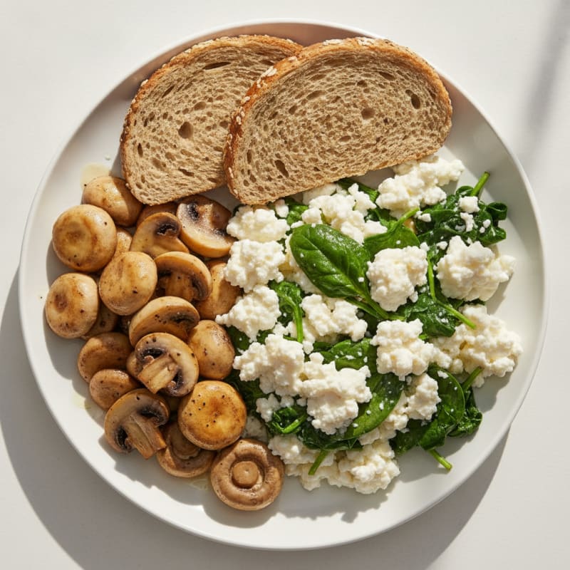 Egg White Spinach Scramble with Cottage Cheese and Sautéed Mushrooms