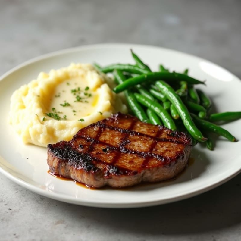 Seared Lean Steak with Garlic Mashed Potatoes and Roasted Green Beans