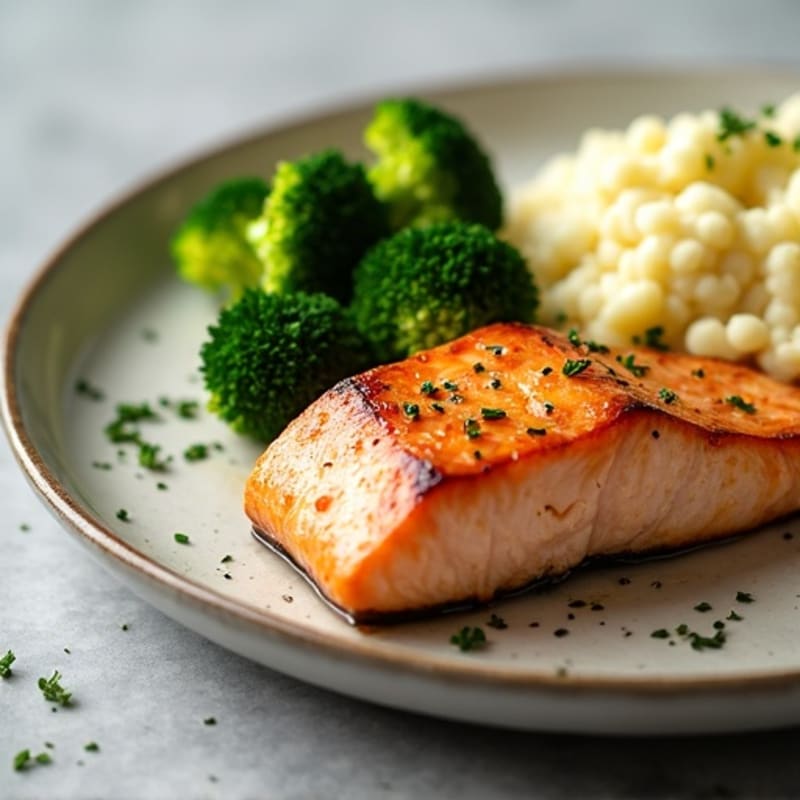 Seared Salmon with Roasted Broccoli and Garlic Mashed Cauliflower