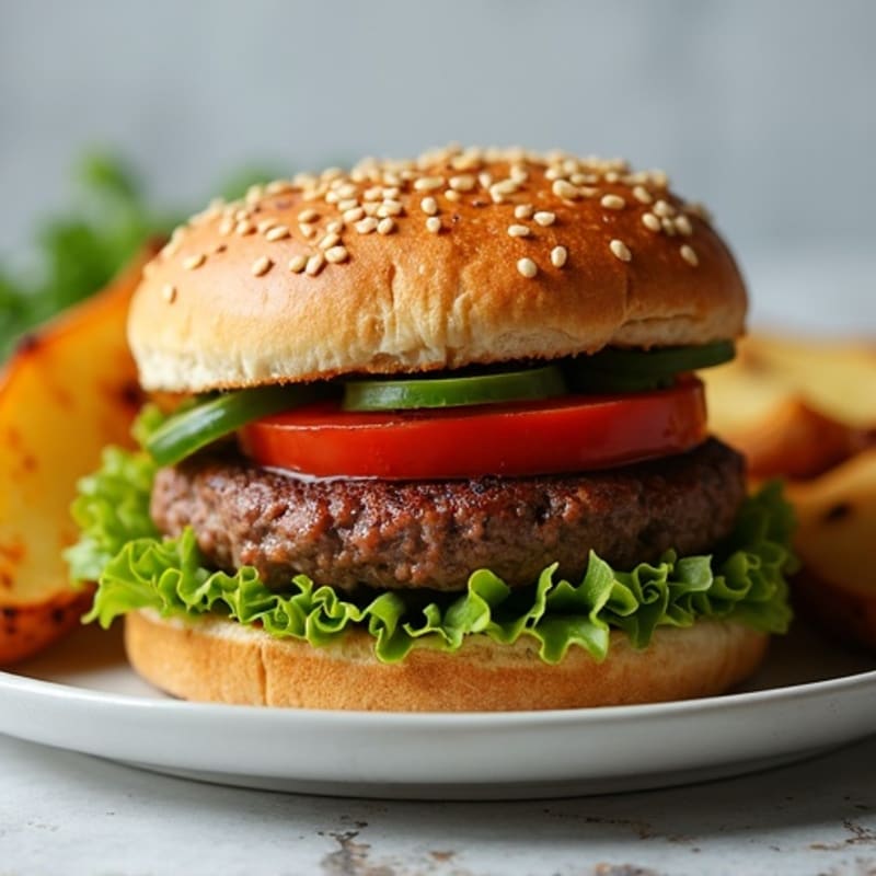 Grilled Lean Beef Burger with Roasted Potato Wedges