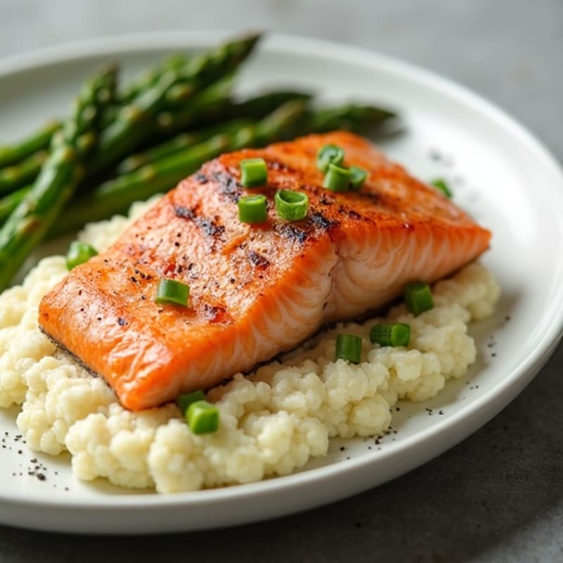Seared Salmon Fillet with Steamed Asparagus and Cauliflower Mash