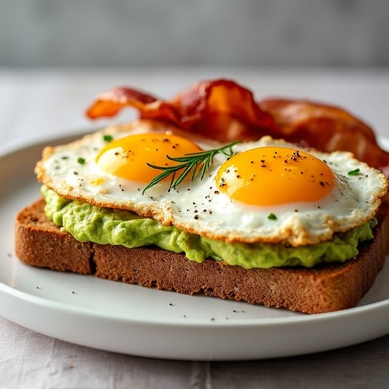 Crispy Fried Eggs with Smashed Avocado Toast and Turkey Bacon