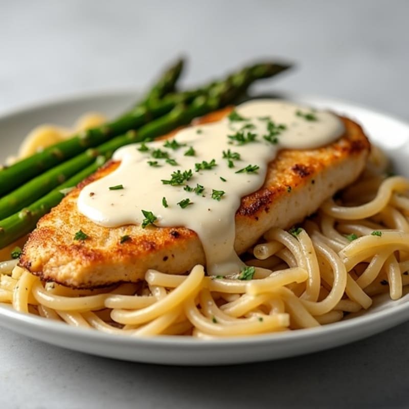 Creamy Garlic Parmesan Chicken with Whole Wheat Pasta and Roasted Asparagus