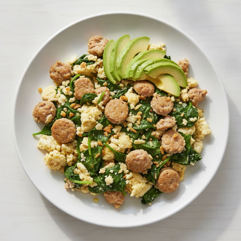 Egg White and Turkey Sausage Scramble with Sautéed Spinach