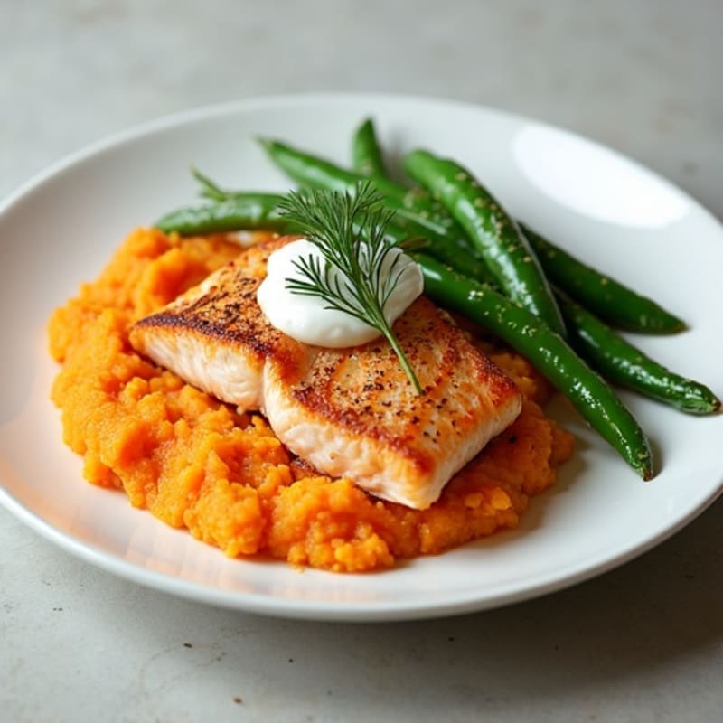 Seared Salmon with Steamed Green Beans and Sweet Potato Mash