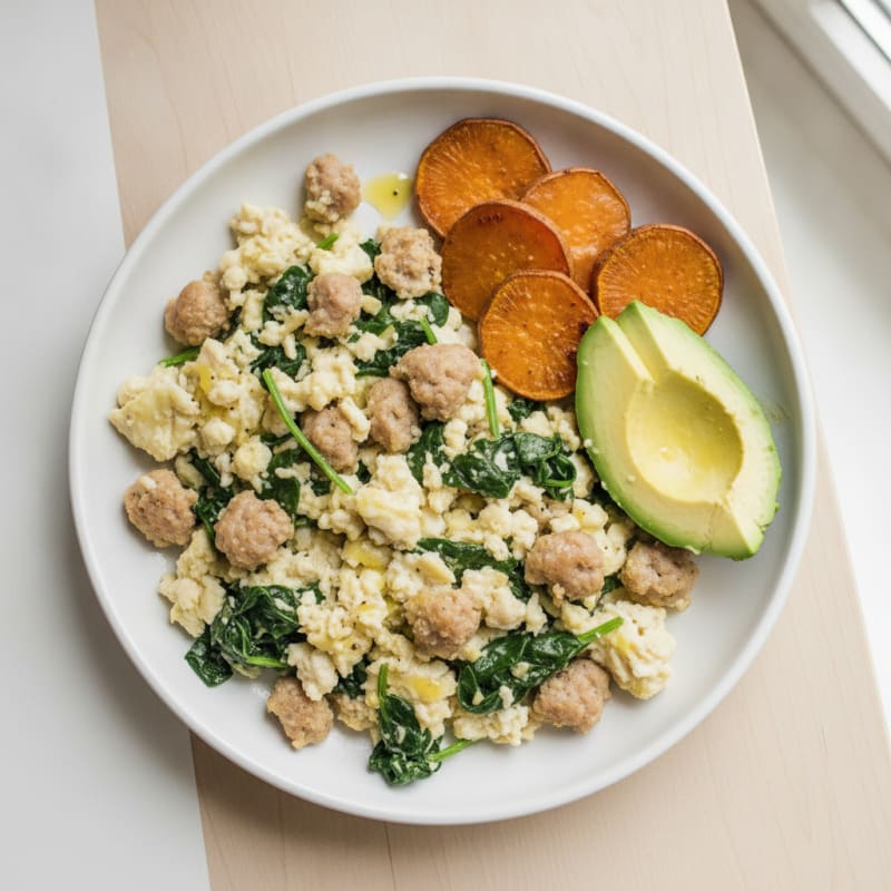 Egg White Scramble with Turkey Sausage and Sautéed Spinach