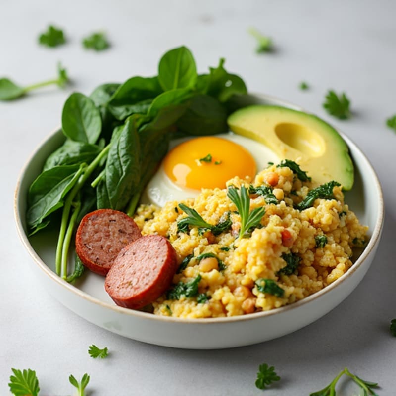 Egg White and Spinach Scramble with Turkey Sausage
