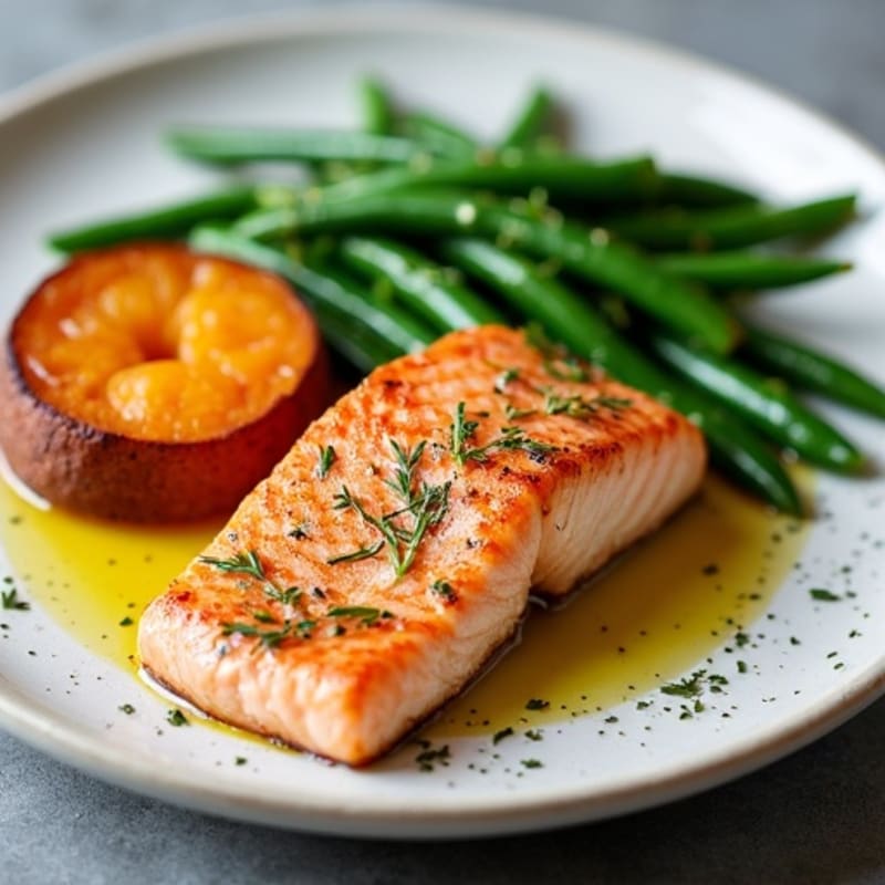 Seared Salmon Fillet with Garlic Green Beans and Roasted Sweet Potato