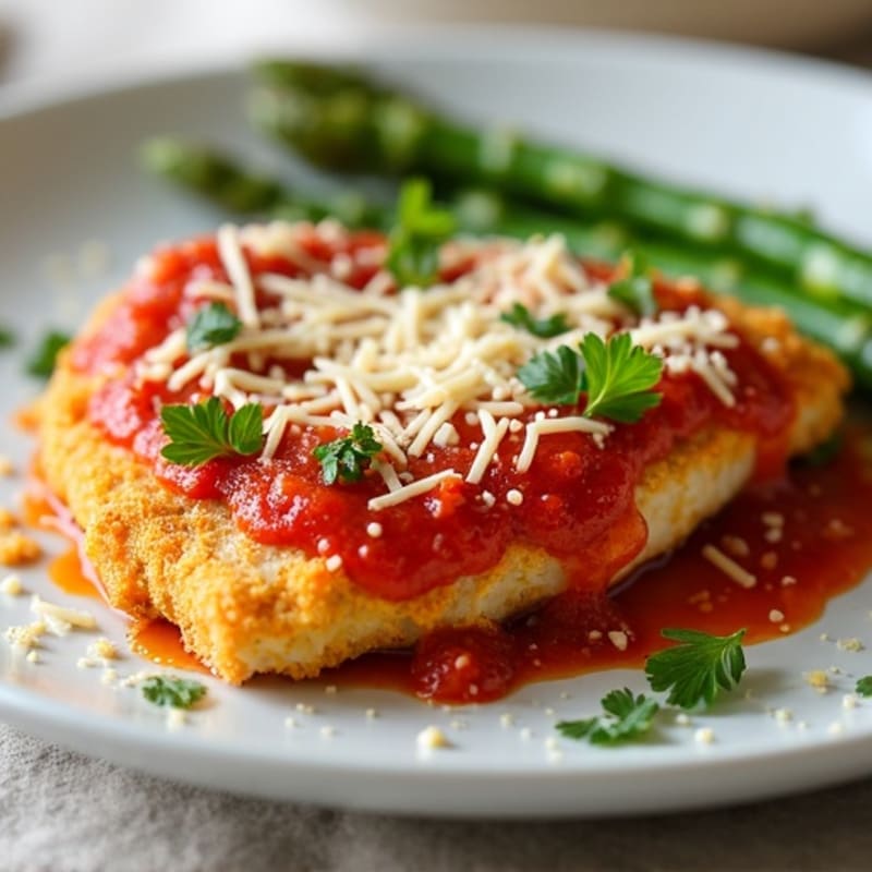 Healthy Crispy Baked Chicken Parmesan with Roasted Asparagus