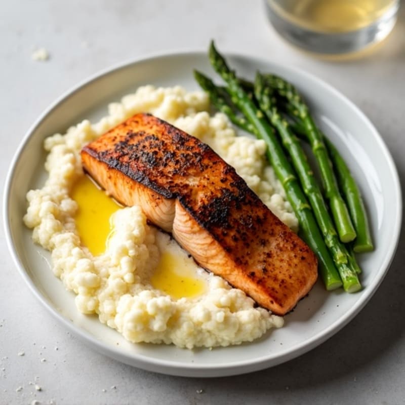 Seared Salmon Fillet with Roasted Asparagus and Cauliflower Mash