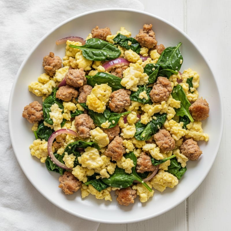Egg White and Turkey Sausage Scramble with Sautéed Spinach