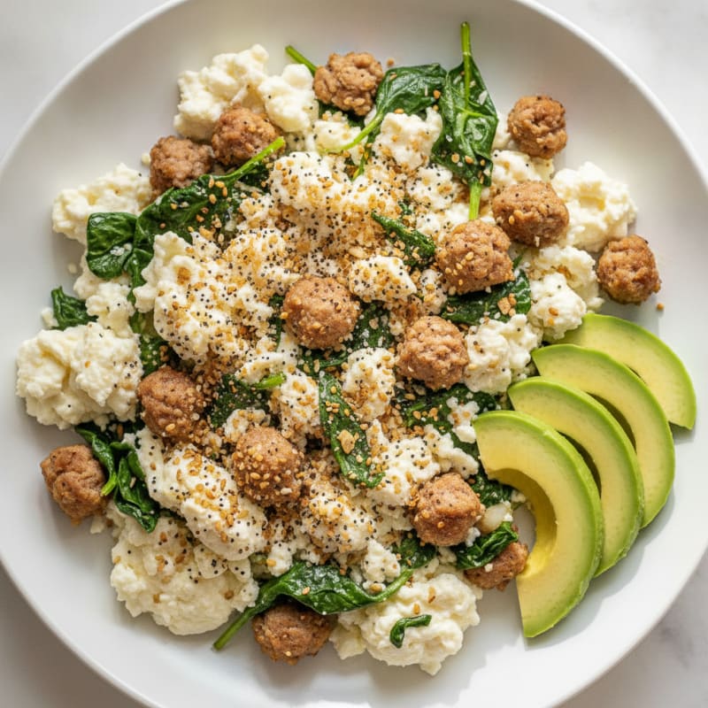 Egg White and Turkey Sausage Scramble with Spinach and Feta