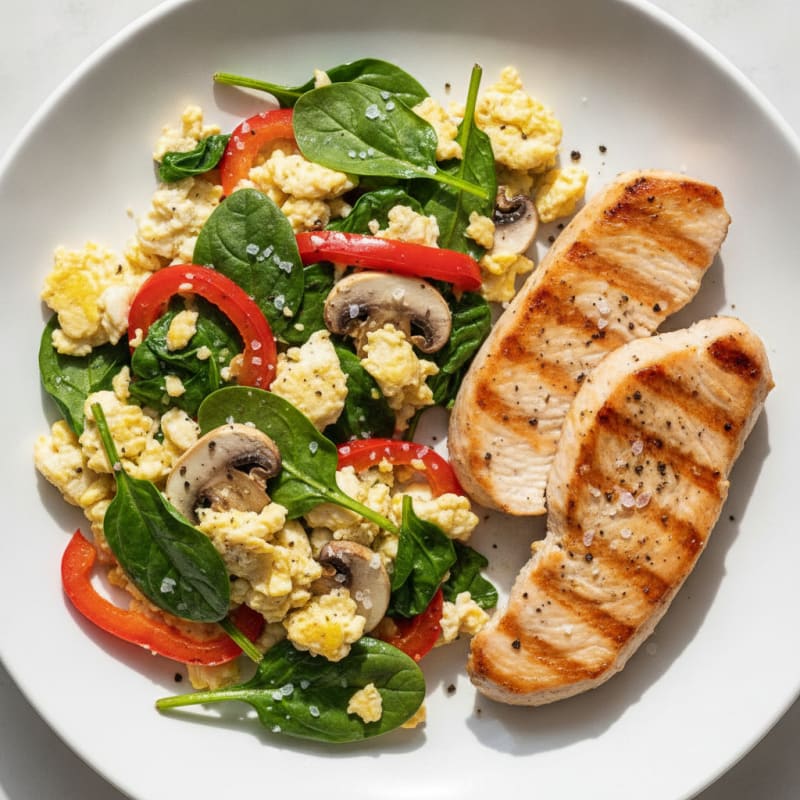 Egg White Vegetable Scramble with Grilled Turkey Breast