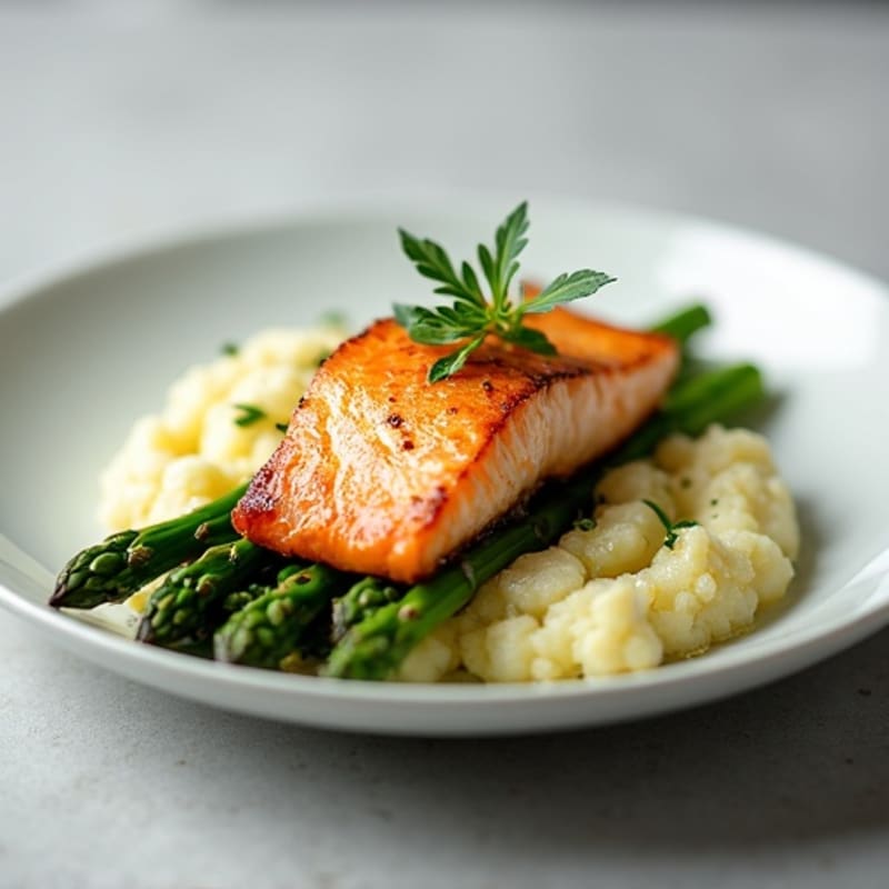 Seared Salmon Filet with Steamed Asparagus and Garlic Mashed Cauliflower