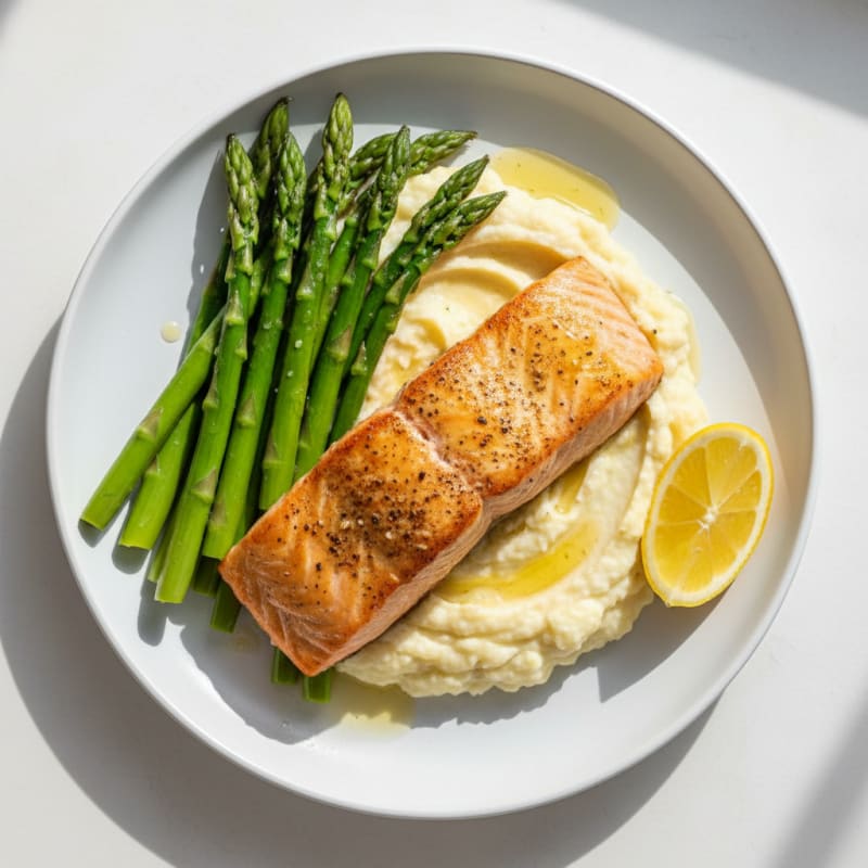 Seared Salmon with Steamed Asparagus and Garlic Mashed Cauliflower