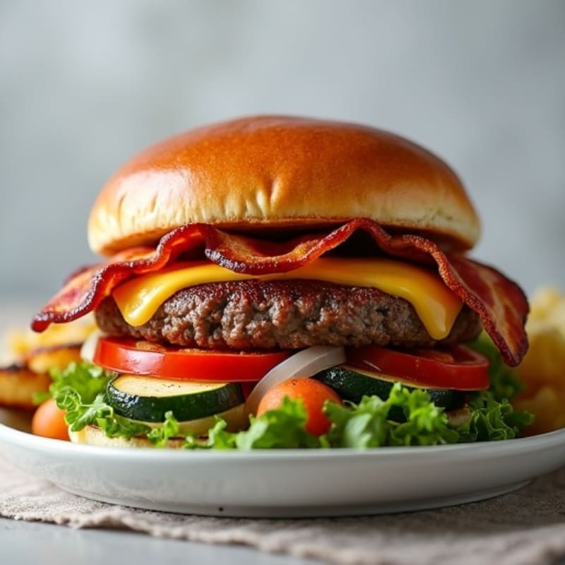 Lean Ground Beef Burger with Crispy Bacon, Melted Cheddar, and Roasted Vegetables