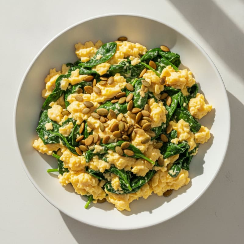 Scrambled Eggs with Spinach and Toasted Pumpkin Seeds