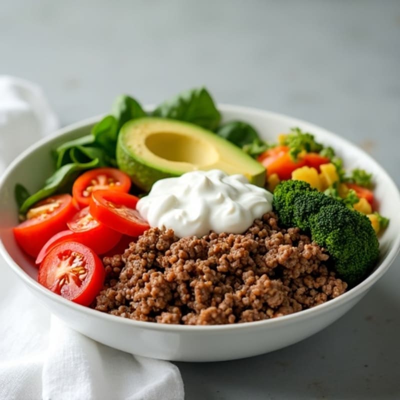 Lean Ground Beef Bowl with Crisp Veggies and Creamy Tangy Dressing