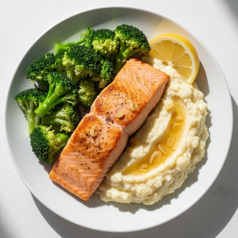 Seared Salmon with Steamed Broccoli and Garlic Mashed Cauliflower