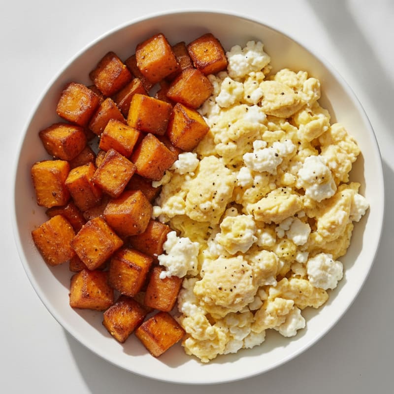 Scrambled Eggs with Cottage Cheese and Roasted Sweet Potato