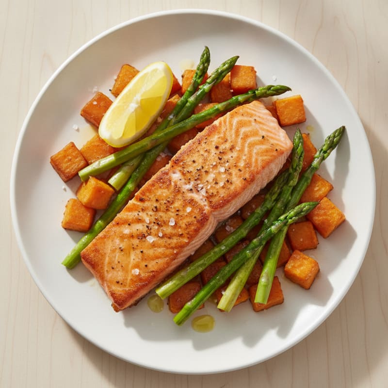 Seared Salmon with Roasted Sweet Potatoes and Asparagus