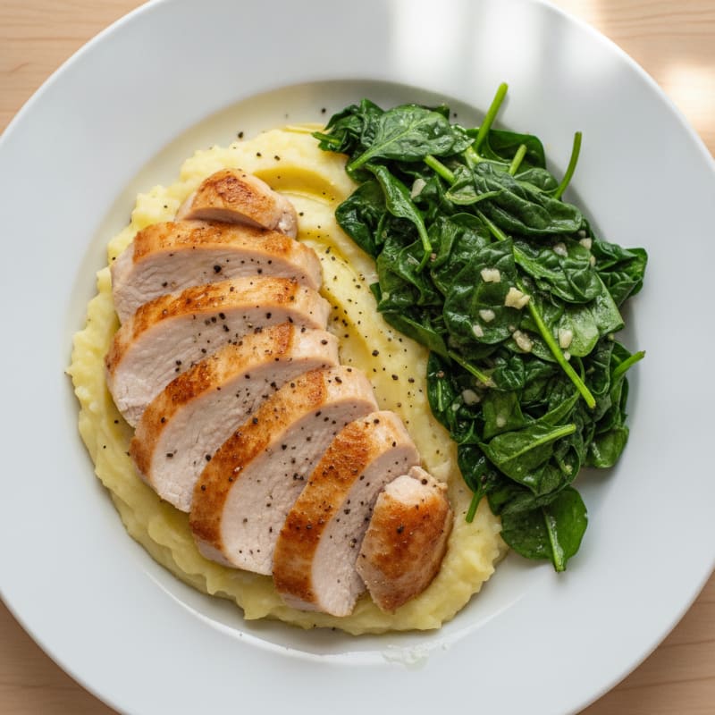 Seared Turkey Breast with Garlic Spinach and Quark Mash