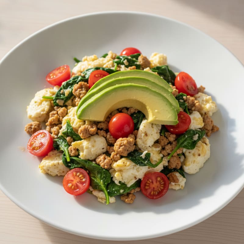 Egg White Spinach Scramble with Lean Turkey and Cherry Tomatoes