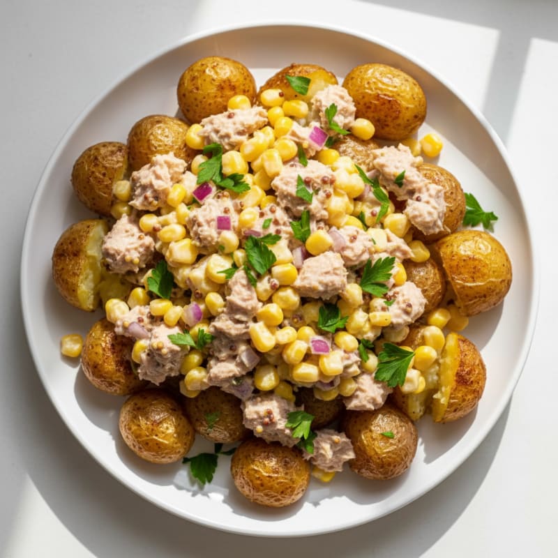 Fluffy Roasted Baby Potatoes with Tuna and Sweetcorn