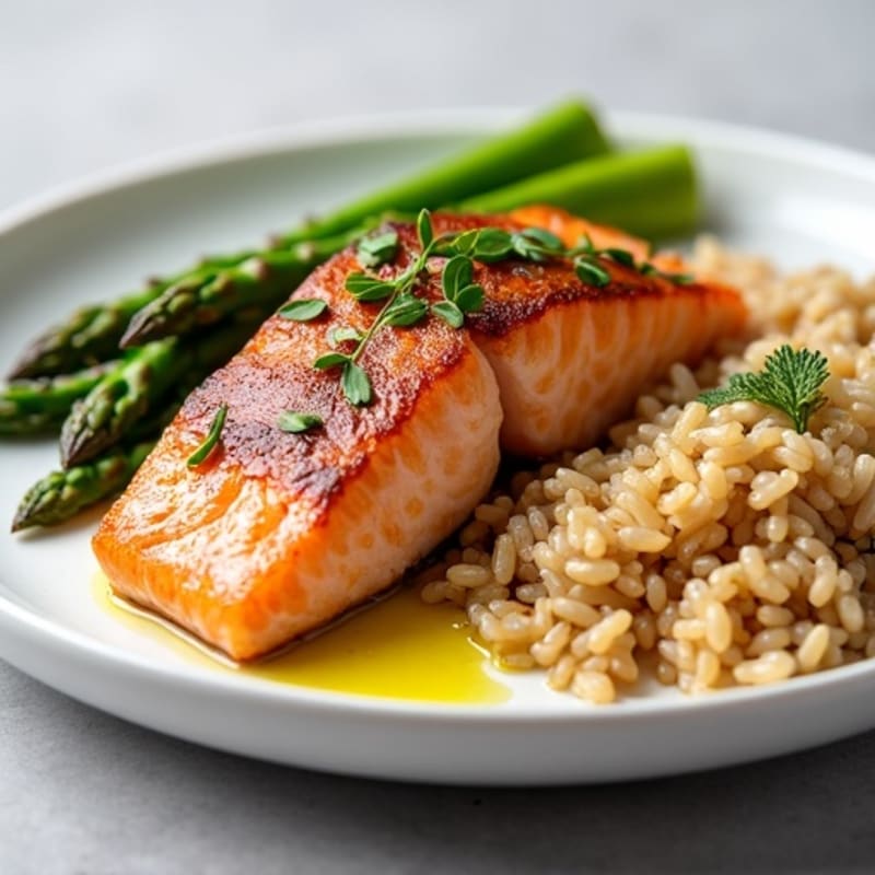 Seared Salmon with Steamed Asparagus and Brown Rice