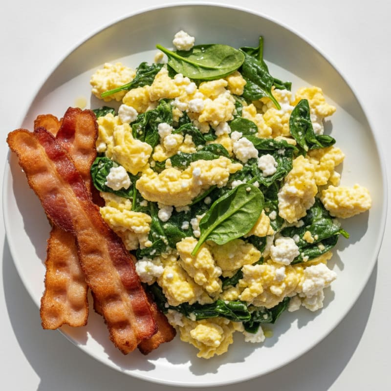 Cottage Cheese and Egg Scramble with Spinach and Turkey Bacon