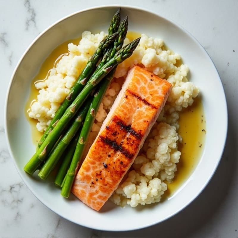 Seared Salmon with Steamed Asparagus and Cauliflower Mash