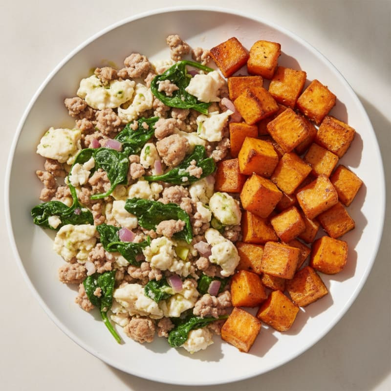 Egg White and Turkey Spinach Scramble with Roasted Sweet Potatoes